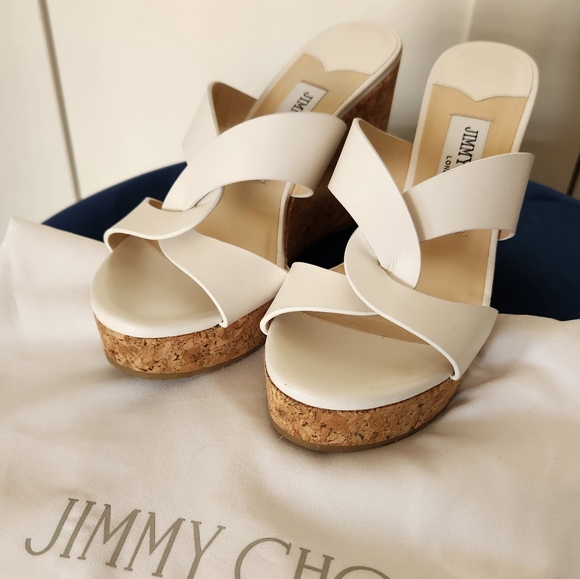 SOLD - JIMMY CHOO Atia 100 Leather Wedge Sandals in White, Size EU 35 / US 5 - Picture 1 of 7
